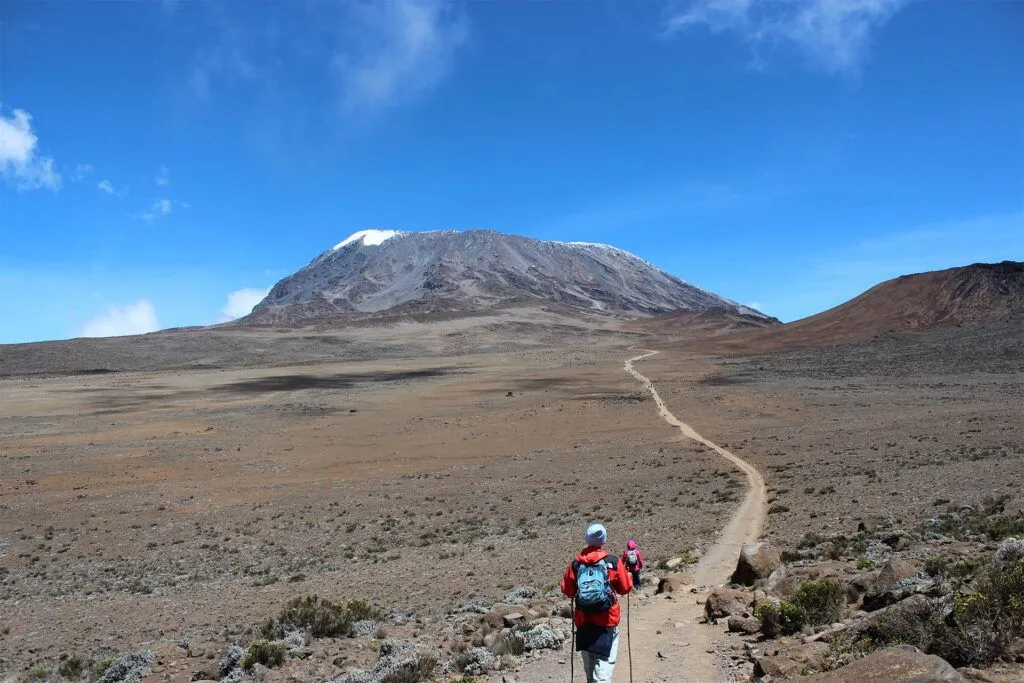 Mount Kilimanjaro, towering over the surrounding landscape.